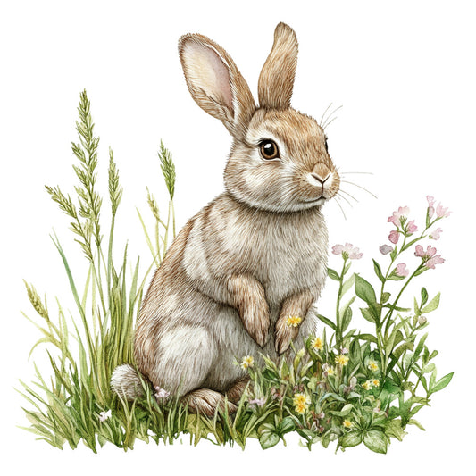rabbit, bunny, brown fur, cream white, sage green, pink flowers, yellow blooms, wildflowers, grass, botanical illustration, watercolor style, nature scene, wildlife, countryside, meadow, fabric panel, quilting cotton, realistic artwork, spring theme, pastoral design