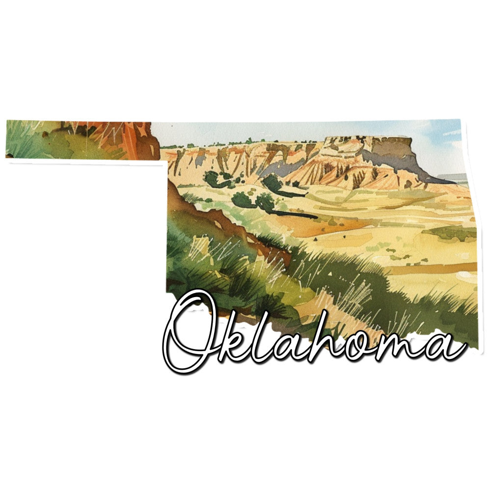oklahoma state map, landscape, scenic vista, rolling hills, plateau, mesa, canyon, vintage travel, retro map, geographical, cream, tan, golden yellow, sage green, forest green, rust brown, terracotta, soft blue, nature, americana, western, rustic, traditional, nostalgic, educational, wall hanging, home decor, travel themed, state pride, regional