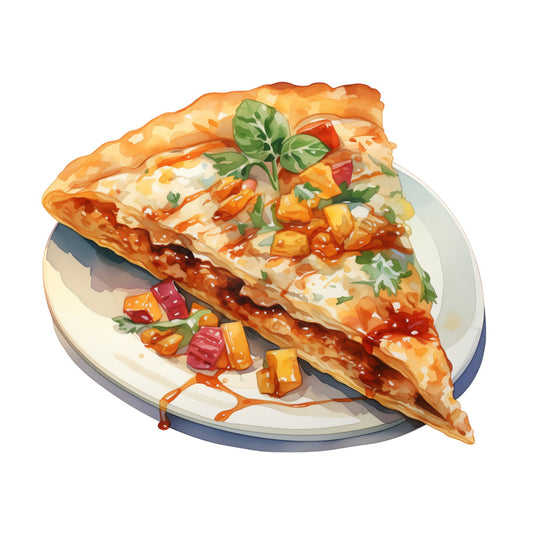 pizza, food, italian, cheese, tomato, basil, red, orange, yellow, green, cream, tan, golden brown, culinary, kitchen, foodie, novelty, whimsical, playful, modern, contemporary, casual, pizza lover, cooking, baking, restaurant, cafe, diner, food illustration, appetizer