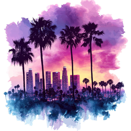 purple, pink, magenta, yellow, blue, watercolor, palm trees, city skyline, los angeles, sunset, silhouette, tropical, urban landscape, fabric panel, cotton, quilting, dreamy, vibrant colors, california, modern art