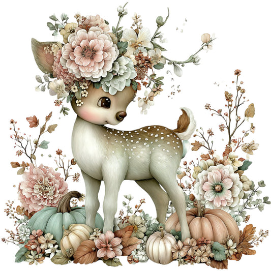 cream colored deer, floral, whimsical, cute animals, dahlias, peonies, pumpkins, autumn, fall, spring, nature, woodland, gentle, soft pastels, dusty rose, cream, sage green, taupe, brown, rustic, vintage style, farmhouse, boho, elegant, sweet, cottage core, baby quilt, nursery, wall hanging, children's fabric