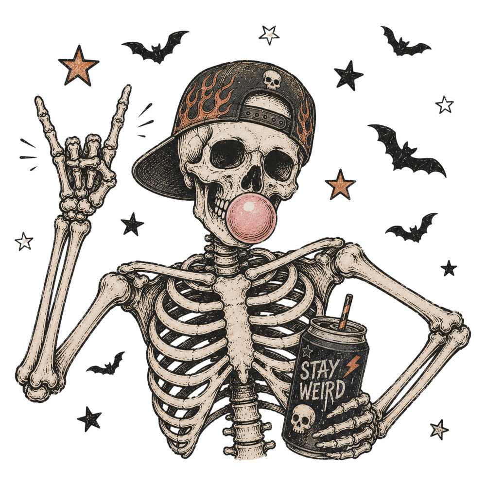 skeleton, halloween, gothic, rock and roll, peace sign, stars, bats, bubblegum pink, cream, black, orange, bone, skull, cap, bandana, edgy, alternative, whimsical, spooky, stay weird, goth, punk, celestial, hand gesture, novelty, halloween decor, autumn, dark aesthetic, grunge, youth culture