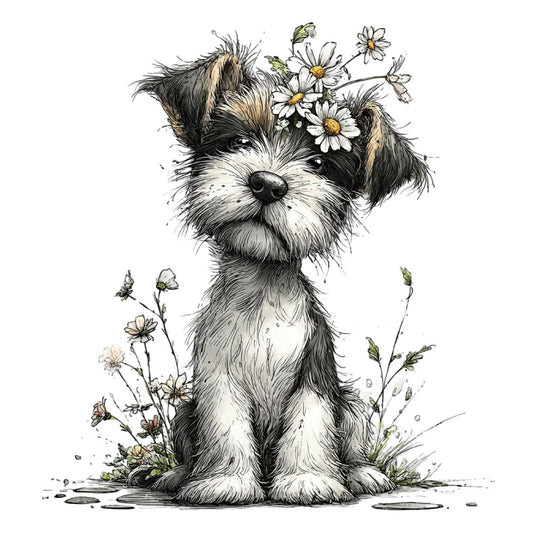 dog, puppy, shih tzu, terrier, fluffy, black and white, cream, tan, daisies, flowers, floral, whimsical, cute, adorable, children, kids, animal, nature, spring, summer, gentle, sweet, botanical, watercolor, illustration, storybook, nursery, baby, playful, charming