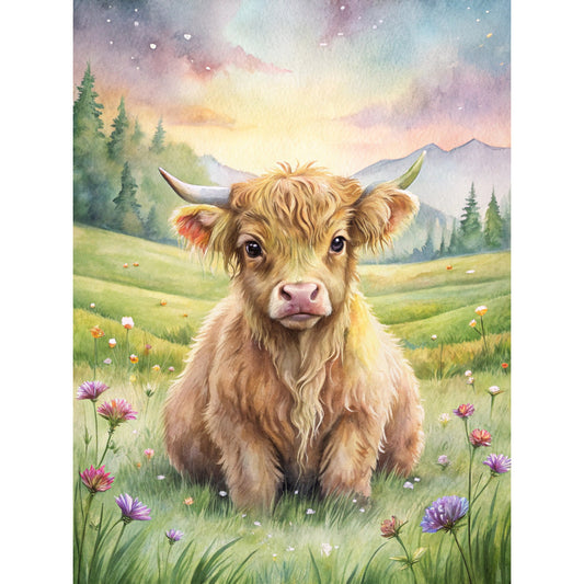 highland cow, fabric panel, watercolor style, pastoral scene, golden brown, soft pastels, wildflowers, meadow landscape, mountains, evergreen trees, starry sky, pink nose, furry texture, quilting cotton, nature scene, countryside, gentle expression, purple flowers, rolling hills, dreamy atmosphere