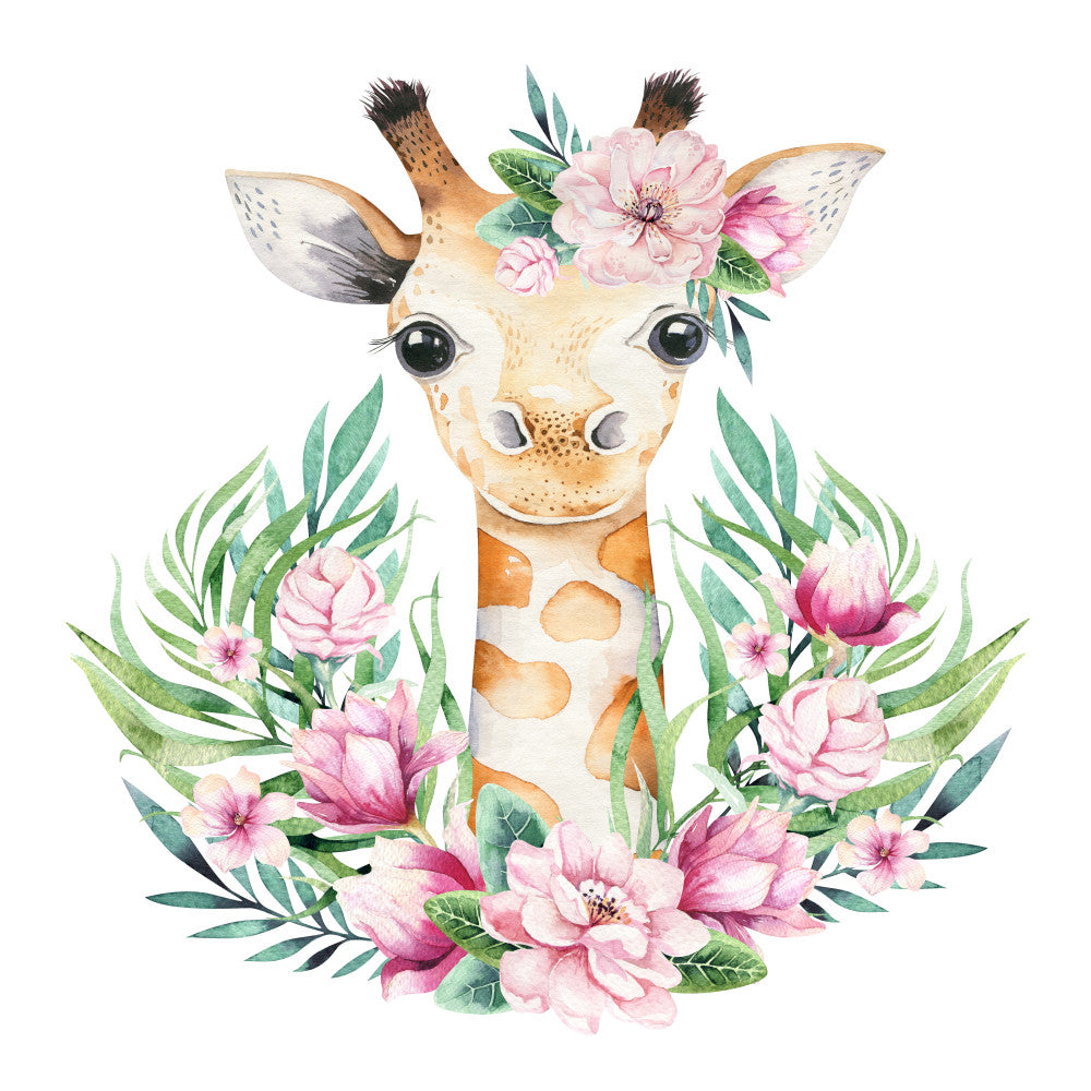 watercolor giraffe, pink flowers, green leaves, baby animal, floral crown, botanical design, peach tones, soft pastels, nursery theme, wildlife illustration, delicate artwork, fabric panel, quilting cotton, feminine colors, tropical leaves, rose blossoms, adorable character, nature motif, children's decor, whimsical style