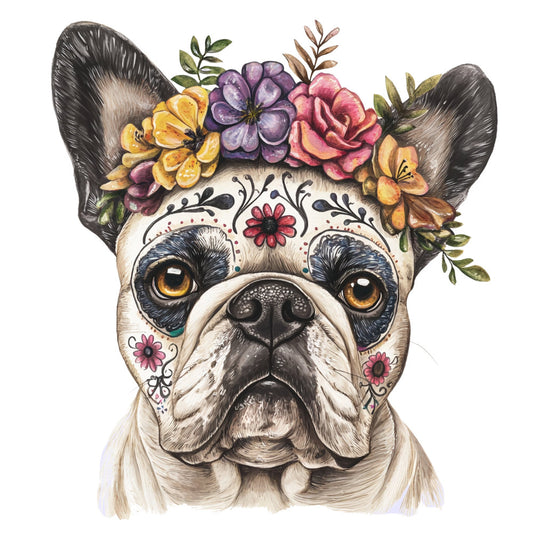 french bulldog, dog, floral crown, sugar skull, day of the dead, dia de muertos, whimsical, bohemian, colorful, black and white, golden yellow, purple, dusty rose, coral pink, multicolor, flowers, botanical, decorative face art, ornamental, folk art, animal portrait, nature themed, spring, summer, artistic, vintage inspired, cute, quirky, conversation piece, home decor