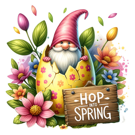 easter gnome, cracked eggshell, spring flowers, pink hat, white beard, fabric panel, quilting cotton, floral design, pastel colors, yellow egg, green leaves, purple blooms, orange flowers, wooden sign, whimsical illustration, seasonal motif, garden gnome, easter theme, botanical elements, cheerful artwork