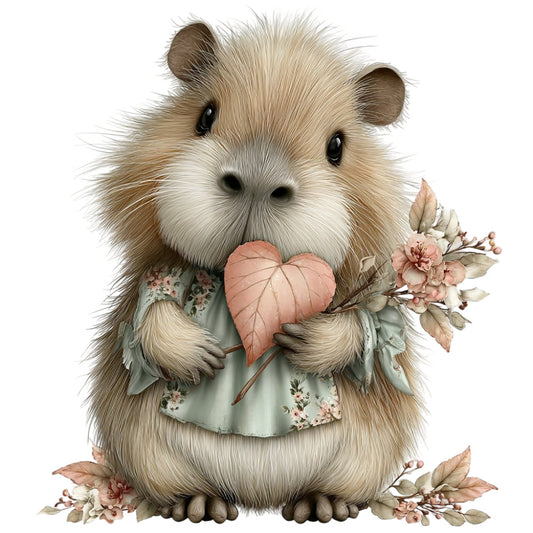 cute animal, guinea pig, woodland creature, floral, pink flowers, rose pink, sage green, cream, tan, beige, whimsical, children's, baby, adorable, heart leaf, botanical, nature-inspired, gentle, soft colors, vintage floral, cottage core, nursery, baby quilt, wall hanging, spring, romantic, delicate, illustration style, character panel, sweet