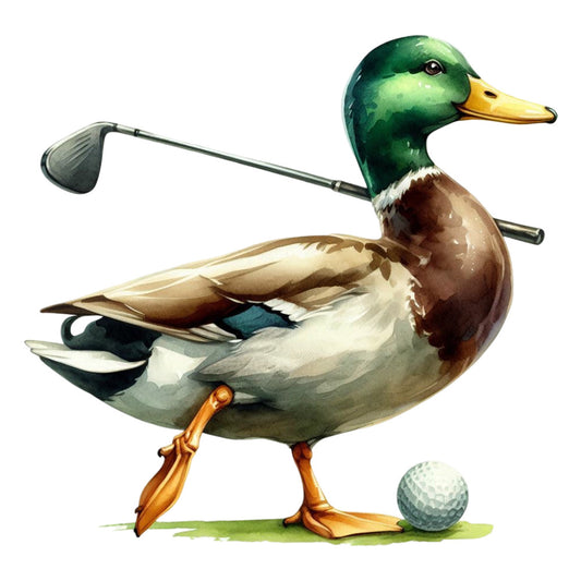 golf, duck, mallard, sports, green head, yellow bill, orange feet, brown chest, cream belly, forest green, golden yellow, rust brown, cream white, animal, bird, whimsical, humorous, novelty, vintage style, athletic, recreational, leisure, quirky, playful, illustration, men's, unique, conversation starter, sports themed