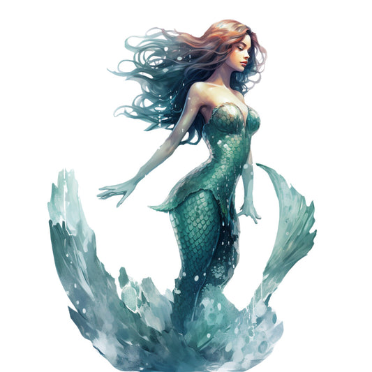mermaid, teal, turquoise, sea green, aqua, flowing hair, scales, ocean waves, water splash, fantasy creature, mythical being, underwater scene, fabric panel, quilting cotton, maritime theme, sea life, ethereal style, watercolor effect, ocean blues, flowing movement