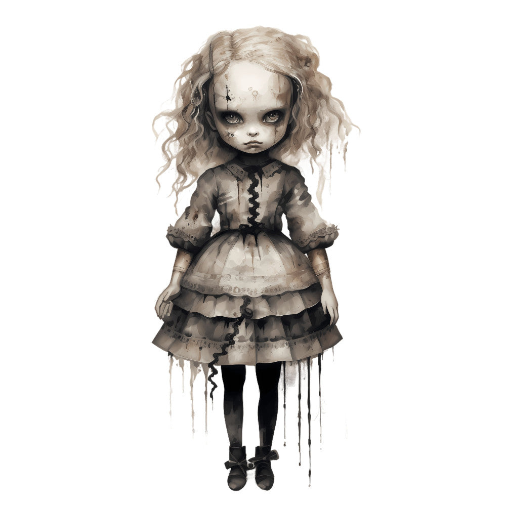 gothic doll, dark fantasy, creepy cute, pale skin, porcelain doll, haunted, spooky, taupe, sepia, black, gray, muted tones, vintage gothic, victorian dress, tiered skirt, stitched details, doll face, eerie, whimsical dark, alternative, steampunk, doll panel, goth aesthetic, creepy whimsy, dark art, monochromatic, shades of gray, haunted doll