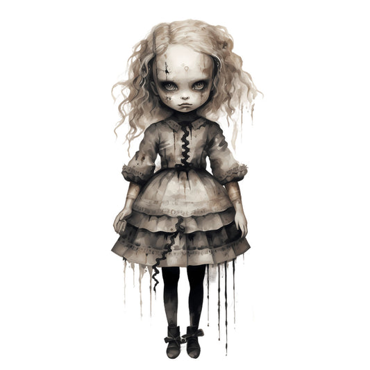 gothic doll, dark fantasy, creepy cute, pale skin, porcelain doll, haunted, spooky, taupe, sepia, black, gray, muted tones, vintage gothic, victorian dress, tiered skirt, stitched details, doll face, eerie, whimsical dark, alternative, steampunk, doll panel, goth aesthetic, creepy whimsy, dark art, monochromatic, shades of gray, haunted doll