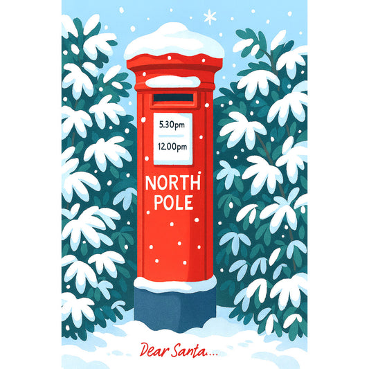 red postbox, winter scene, snow covered, evergreen trees, white snowflakes, light blue sky, christmas theme, north pole, mail collection times, snowy branches, fabric panel, quilting cotton, holiday motif, festive design, british postbox, winter wonderland, seasonal craft, red and white, dear santa text, christmas fabric