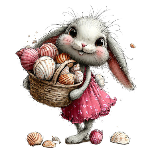 cute bunny, white rabbit, coral pink, dusty rose, cream, tan, seashells, coastal, beach, whimsical, children's, baby, easter, spring, animal character, storybook, illustrated, playful, vintage style, rustic charm, nature inspired, cottage core, striped shells, wicker basket, dress detail, sweet, charming, gender neutral