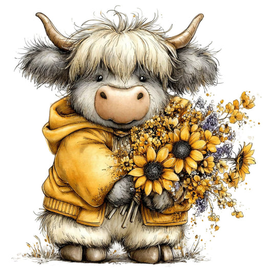 highland cow, bull, cute animals, farmhouse, sunflowers, yellow flowers, golden yellow, cream, charcoal gray, whimsical, folk art, rustic, nature, floral, animal illustration, cozy, cottage core, autumn, fall harvest, country, sweet, nursery, children's, charming, botanical, wildflowers, hobbyhorse, pastoral, gentle