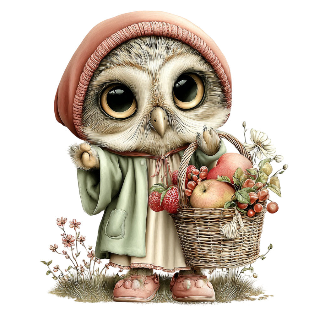 owl, cream, sage green, dusty rose, coral pink, woodland, whimsical, cute animals, forest creatures, basket, berries, apples, strawberries, flowers, nature, rustic, cottage core, farmhouse, vintage, storybook, children's, baby, nursery, spring, harvest, pastoral, gentle, sweet, adorable