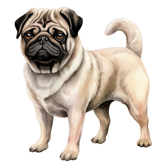 Watercolor Pug Fabric Panel 28 featuring a detailed, realistic painted pug design on premium quilting cotton fabric.