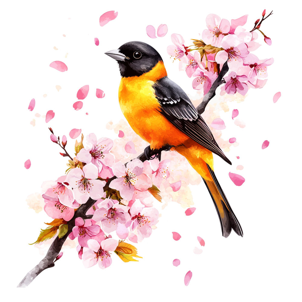 baltimore oriole, bird illustration, cherry blossoms, pink flowers, orange breast, black head, watercolor style, spring theme, fabric panel, quilting cotton, floral branch, falling petals, nature scene, botanical design, songbird, pastel pink, bright orange, delicate artwork, blooming tree, wildlife motif