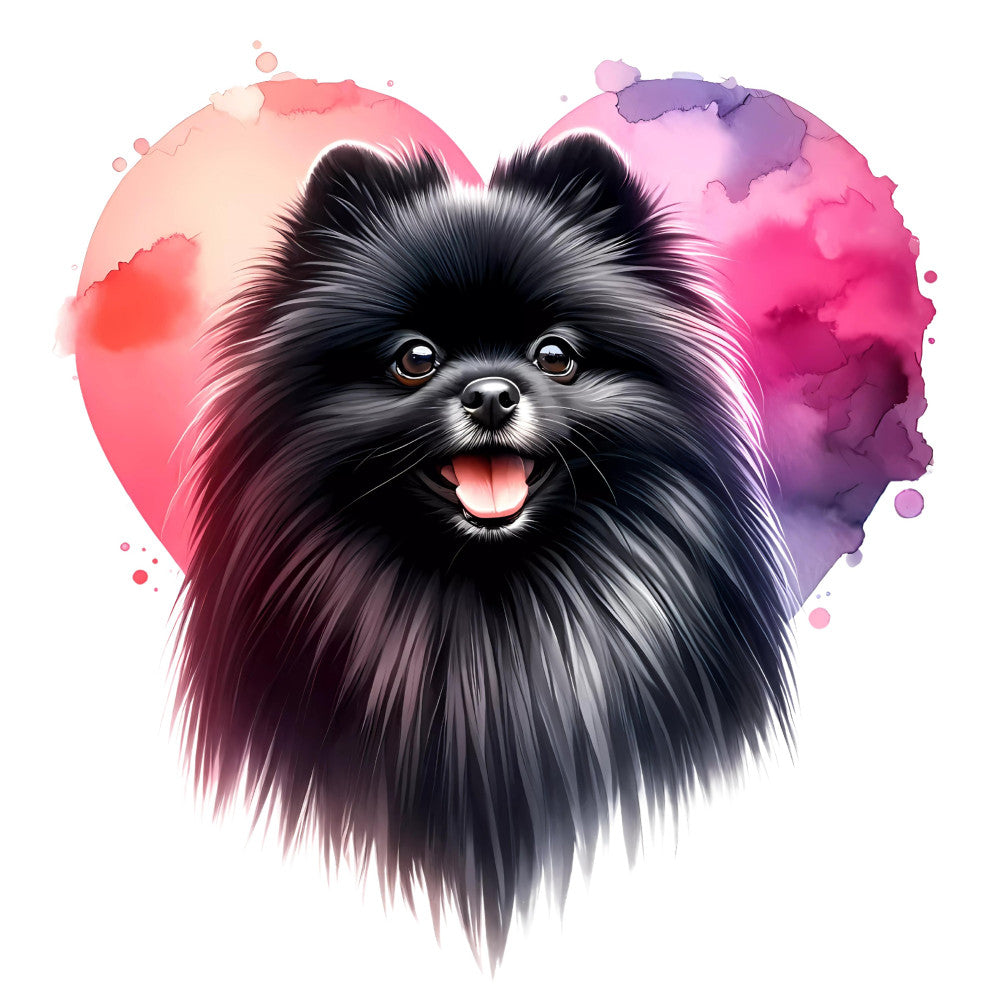 black pomeranian, dog portrait, fluffy dog, cute puppy, animal lover, pet themed, watercolor style, abstract watercolor, pink gradient, coral pink, magenta, purple, lavender, heart shaped background, love themed, whimsical, modern art, contemporary style, pet owner gift, dog breed, adorable animals, expressive eyes, happy dog, playful, vibrant colors, artistic, decorative panel, wall art, dog lover gift