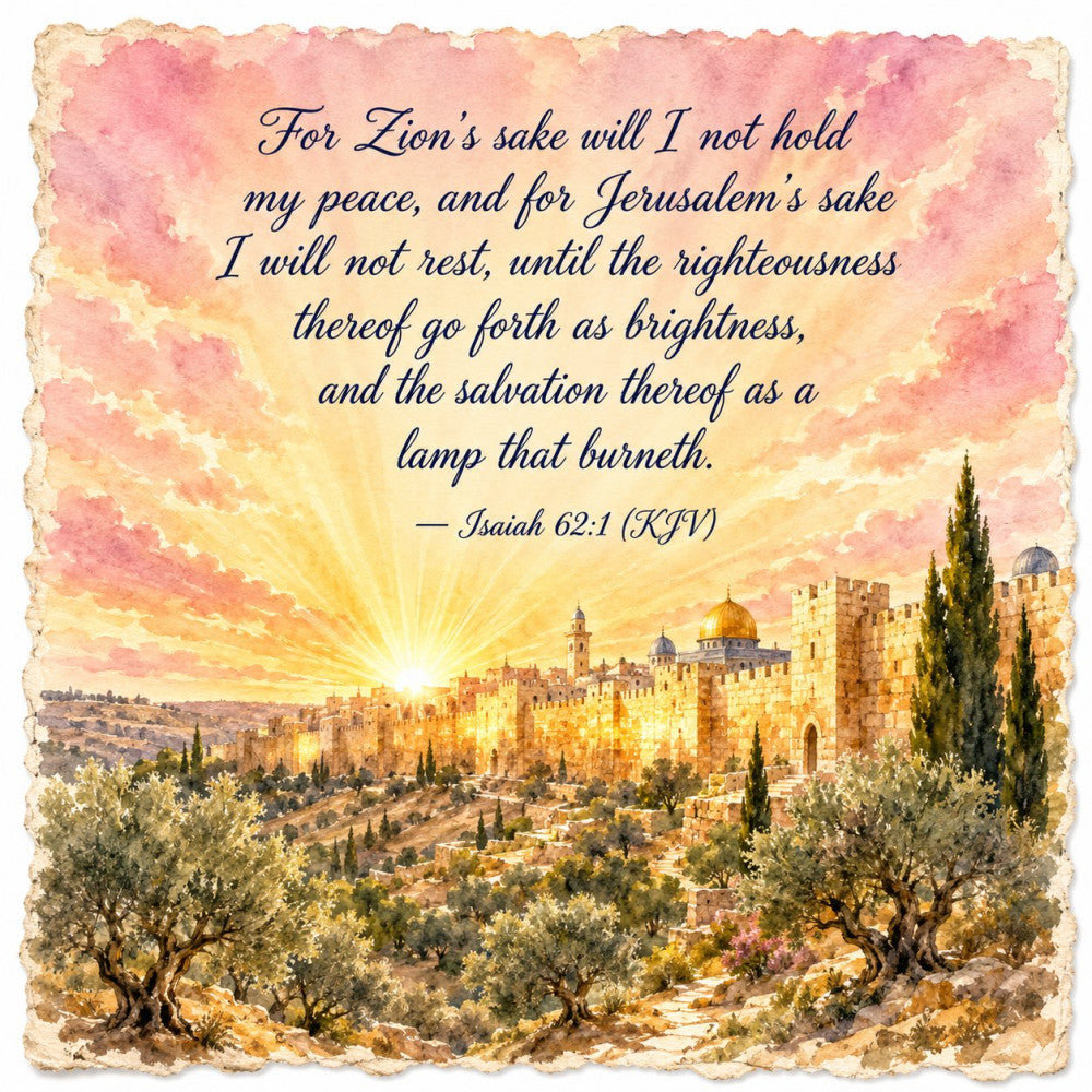 jerusalem, religious, scripture, bible verse, inspirational, landscape, cityscape, sunset, golden hour, pink sky, cream, beige, tan, olive green, cypress trees, olive trees, middle eastern, holy land, spiritual, faith, peaceful, traditional, elegant, vintage aesthetic, nature scene, architectural, historic, israel, morning light