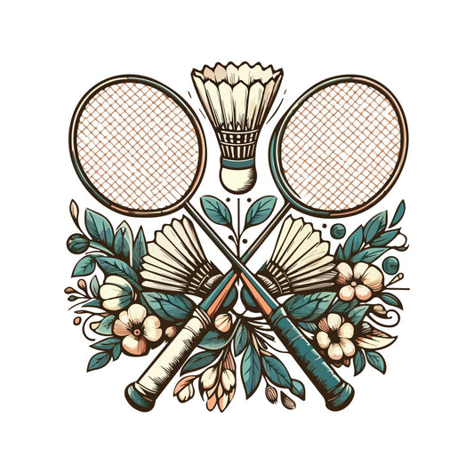badminton, sports, racket, shuttlecock, birdie, floral, botanical, teal green, cream, peach, rust, brown, vintage, retro, nature, flowers, leaves, elegant, whimsical, recreational, hobby, outdoor sports, athletic, traditional, decorative, wall hanging, home decor, mixed media, illustration style, ornate