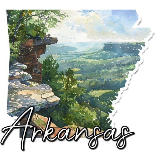 arkansas state, landscape, scenic view, mountains, valley, rolling hills, forest green, sage green, cream, sky blue, light blue, nature themed, travel themed, geographical, vintage style, rustic, pastoral, countryside, overlook vista, spring, summer, wall hanging, state pride, americana, watercolor style, bluff view, lush vegetation, regional pride
