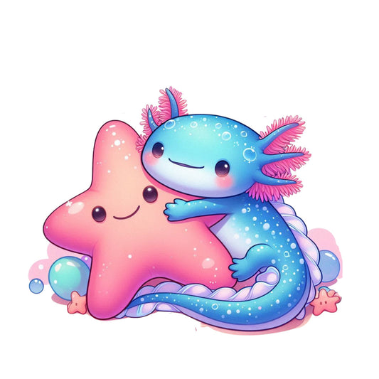 cute axolotl, cartoon animal, pink starfish, blue salamander, pastel colors, kawaii style, underwater theme, aquatic creatures, fabric panel, quilting cotton, sea life, adorable characters, soft pastels, whimsical design, children's fabric, nursery decor, ocean animals, pink gills, smiling faces, bubble details