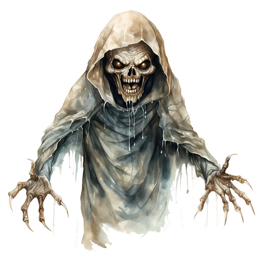grim reaper, skeleton, skull, death, halloween, spooky, scary, creepy, bone, undead, ghostly, beige, tan, cream, black, gray, grey, dark, muted tones, gothic, horror, supernatural, eerie, frightening, dark fantasy, vintage halloween, hooded figure, october, fall, autumn