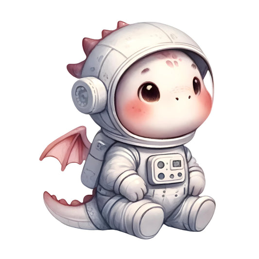 cute dragon astronaut, space theme, baby boy, nursery, whimsical, pale pink, soft gray, white, mauve, dusty rose, wings, helmet, cosmic, celestial, adventure, modern, playful, child-friendly, fantasy, character design, adorable, sweet expression, rosy cheeks, spacesuit, stars, baby quilt, wall hanging, gender-neutral, magical creatures