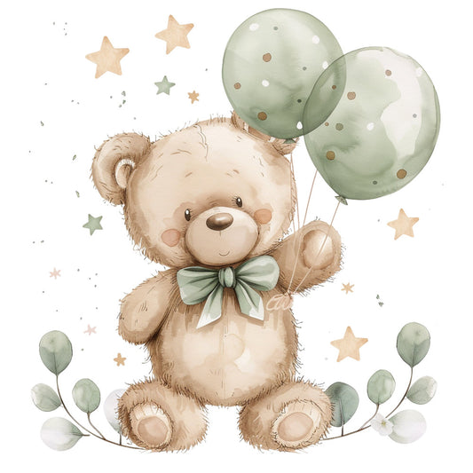 teddy bear, sage green, cream, soft yellow, whimsical, baby, nursery, animals, balloons, stars, polka dots, nature, botanical, leaves, gentle, sweet, dreamy, cloud-like, pastel, soft colors, gender neutral, baby shower, children's, woodland, storybook, illustration style, cute characters, celestial theme, baby quilt, wall hanging