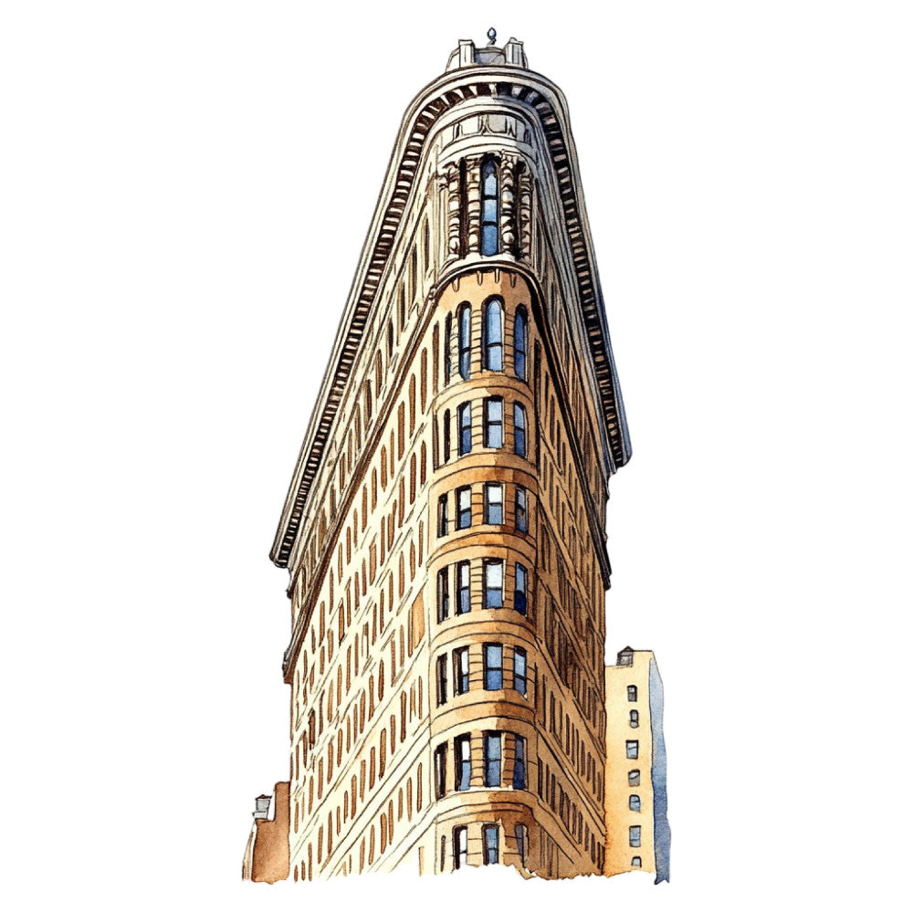 flatiron building, new york city, architecture, urban landscape, vintage architecture, tan, beige, cream, brown, blue, architectural details, cityscape, vintage style, retro, nostalgic, classic buildings, historic architecture, skyscraper, tall building, art deco, structural design, building facade, windows, decorative tower, elegant, sophisticated, travel themed, americana