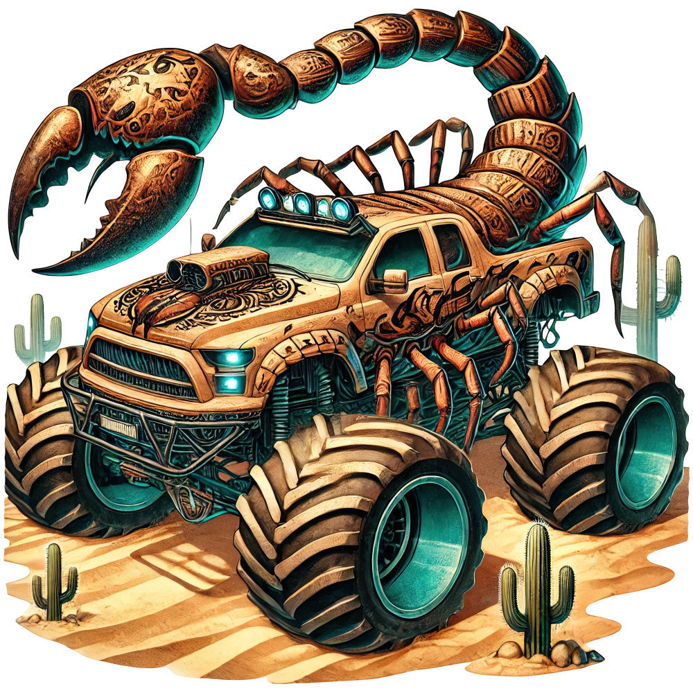 steampunk, scorpion, desert, monster truck, teal, bronze, gold, tan, sand, turquoise, mechanical, fantasy, whimsical, adventure, vehicle, insect, southwestern, cactus, industrial, retro-futuristic, glowing eyes, armored, mystical, boys, action, bold graphics, novelty print, imaginative, creature feature, automotive