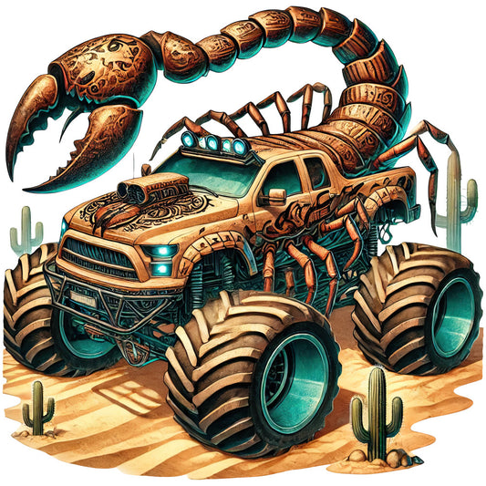 steampunk, scorpion, desert, monster truck, teal, bronze, gold, tan, sand, turquoise, mechanical, fantasy, whimsical, adventure, vehicle, insect, southwestern, cactus, industrial, retro-futuristic, glowing eyes, armored, mystical, boys, action, bold graphics, novelty print, imaginative, creature feature, automotive