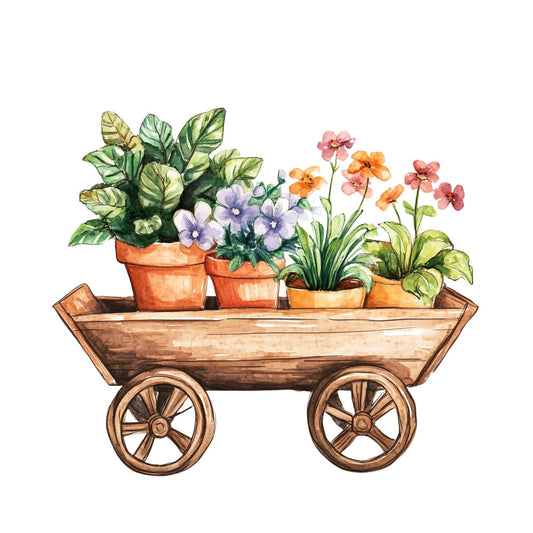floral, flowers, potted plants, garden, botanical, nature, vintage, rustic, farmhouse, wagon, wooden cart, terracotta pots, spring, summer, coral pink, orange, purple, lavender, green, cream, earth tones, whimsical, cottage core, countryside, peaceful, decorative, wall hanging, home decor, plant lover