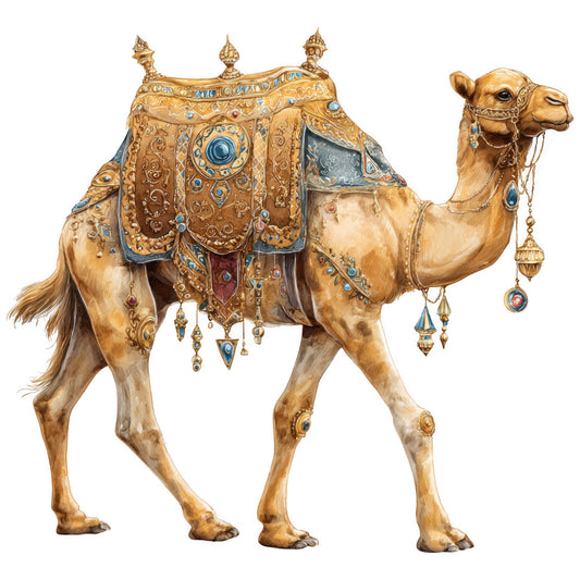 camel, gold, brown, tan, blue accents, ornate decorations, middle eastern, desert animal, jeweled harness, decorative saddle, fabric panel, quilting cotton, nativity scene, christmas theme, biblical, ornamental details, watercolor style, religious motif, festive fabric