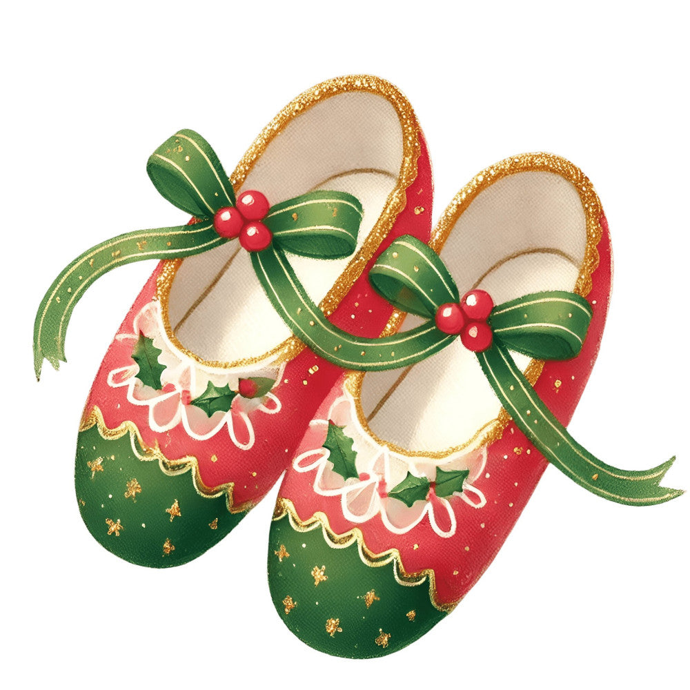 christmas, holiday, festive, red, green, gold, cream, ballet shoes, pointe shoes, dance, holly, berries, ribbons, bows, glitter, sparkle, elegant, whimsical, vintage, traditional, decorative, scalloped edges, ballet themed, children's, girls, festive footwear, nostalgic, classic holiday, winter, seasonal