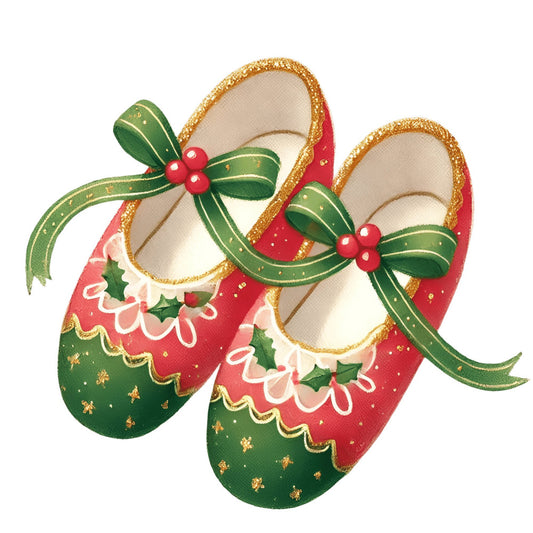 christmas, holiday, festive, red, green, gold, cream, ballet shoes, pointe shoes, dance, holly, berries, ribbons, bows, glitter, sparkle, elegant, whimsical, vintage, traditional, decorative, scalloped edges, ballet themed, children's, girls, festive footwear, nostalgic, classic holiday, winter, seasonal