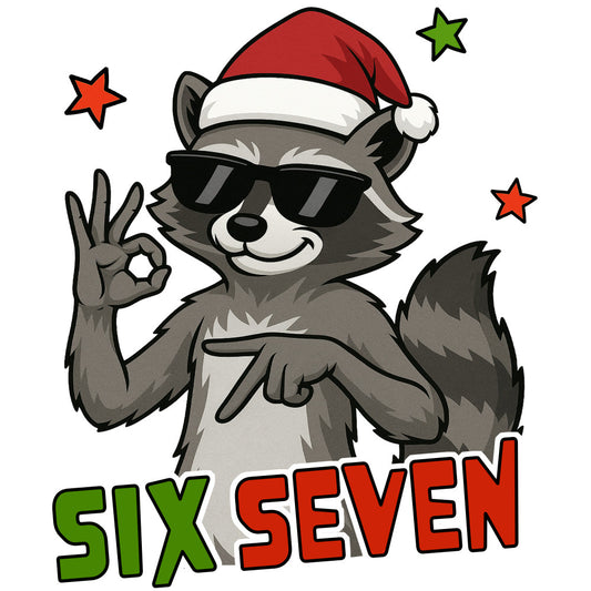 christmas raccoon, santa hat, sunglasses, cool character, red hat, gray fur, white belly, ok hand gesture, pointing finger, cartoon style, holiday themed, festive panel, cotton fabric, quilting panel, red stars, green star, playful design, winter character, christmas fabric, cartoon animal