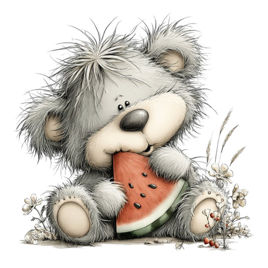 fluffy animal, cute character, whimsical, gray and white, cream, coral, watermelon, nature, wildflowers, daisy, children's, playful, gentle, soft, woodland creature, furry friend, summer, spring, baby quilt, wall hanging, illustration style, charming, innocent, sweet, patchwork friendly, decorative panel, decorative art, gender neutral