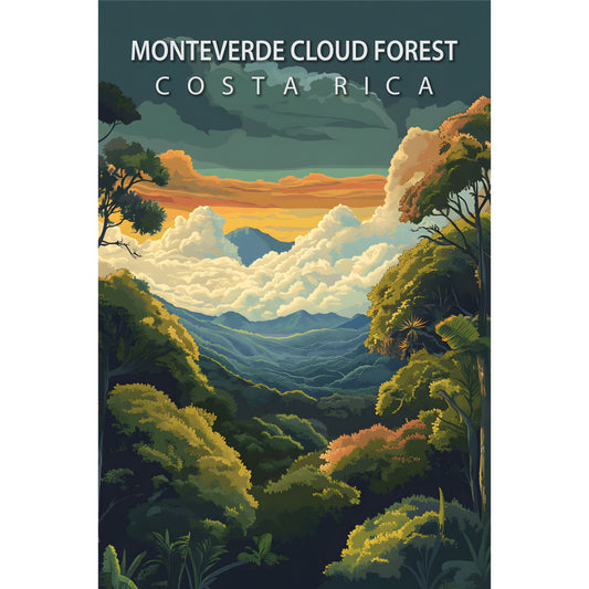 forest green, teal, orange sunset, golden yellow, cream clouds, mountain landscape, tropical vegetation, cloud forest, travel poster, vintage illustration, lush foliage, misty atmosphere, layered hills, fabric panel, costa rica scenery, nature scene, scenic vista, adventure theme, tourism art, quilting cotton