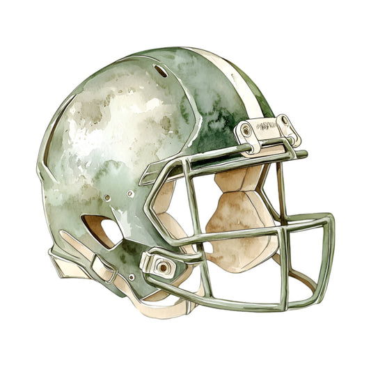 sage green, cream, white, watercolor, sports, football helmet, athletic, masculine, team spirit, game day, sports fan, quarterback, tailgate, gridiron, vintage sports, americana, casual, boys, men, sports themed, fall, autumn, competitive, equipment, protective gear, action sports, stadium, recreation