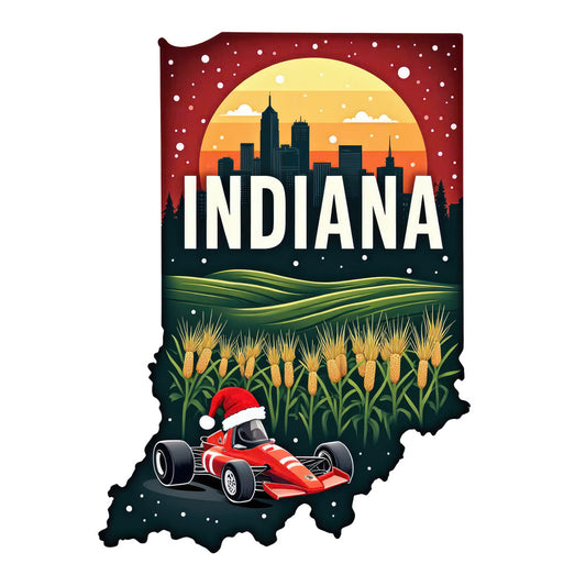 Christmas US States Fabric Panel 37 featuring Indiana silhouette with city skyline, cornfields, race car, and festive holiday design.