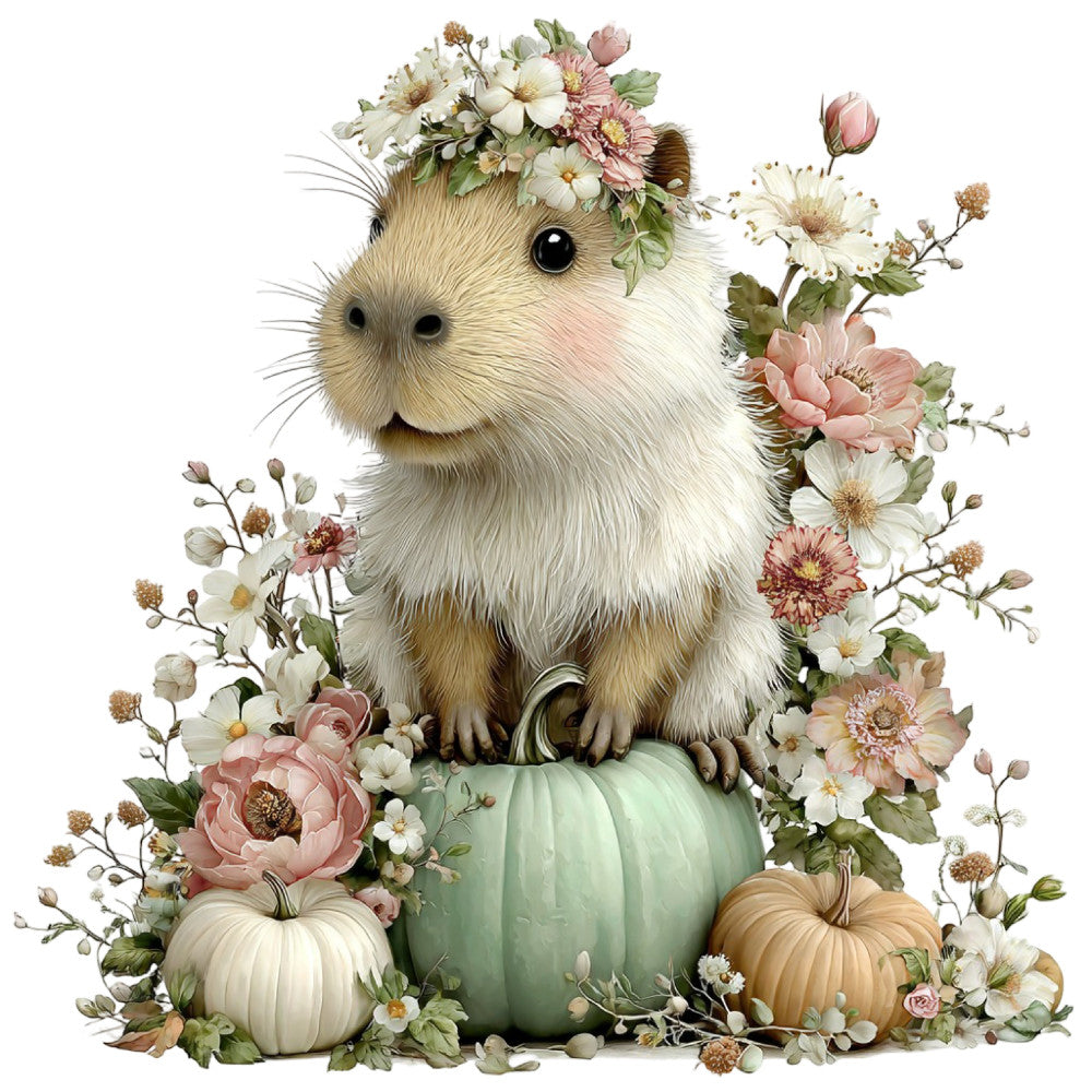 guinea pig, capybara, rodent, floral, flowers, peonies, daisies, gerberas, pumpkins, gourds, autumn, fall, harvest, cream, ivory, soft pink, dusty rose, sage green, tan, brown, whimsical, charming, cottage core, farmhouse, woodland, nature, animals, cute, sweet, decorative panel