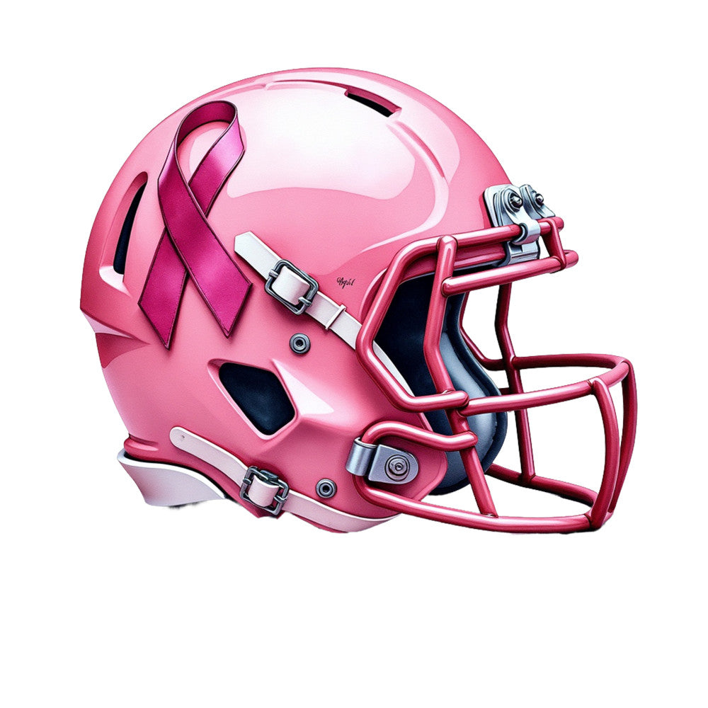 pink helmet, football helmet, breast cancer ribbon, awareness ribbon, sports equipment, athletic gear, pink chrome finish, glossy surface, reflective coating, face mask, chin strap, protective gear, cancer support, advocacy design, medical awareness, charity theme, fabric panel, quilting cotton, craft material, sewing project