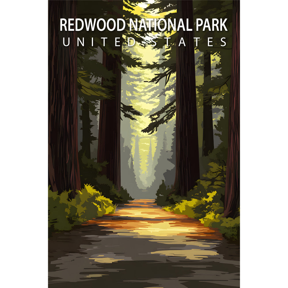 redwood trees, forest scene, travel poster, fabric panel, green foliage, brown tree trunks, yellow sunlight, golden rays, nature pathway, misty atmosphere, towering trees, filtered light, woodland scene, national park, outdoor adventure, earth tones, scenic landscape, cotton panel, quilting fabric, vintage poster style