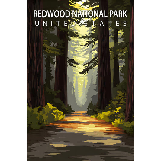 redwood trees, forest scene, travel poster, fabric panel, green foliage, brown tree trunks, yellow sunlight, golden rays, nature pathway, misty atmosphere, towering trees, filtered light, woodland scene, national park, outdoor adventure, earth tones, scenic landscape, cotton panel, quilting fabric, vintage poster style
