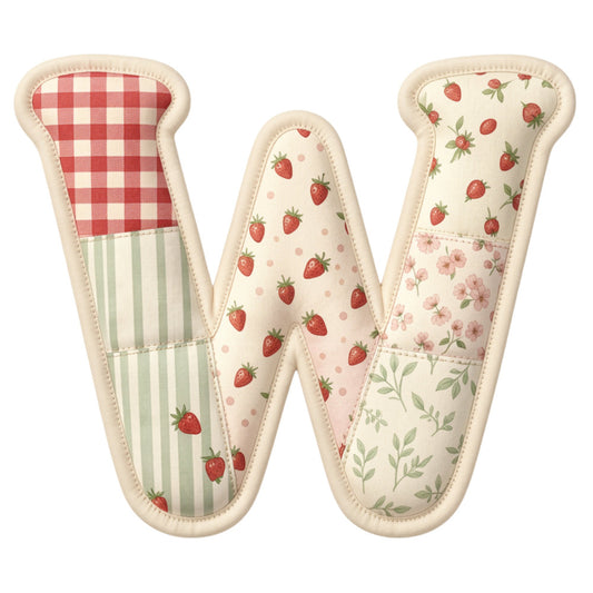 strawberry, red and white gingham, cream, sage green, soft pink, floral, striped, gingham check, vintage, farmhouse, botanical, nature, spring, summer, cottage core, red strawberries, green leaves, pink flowers, pastoral, traditional, whimsical, alphabet letter w, monogram, nursery, baby quilt, wall hanging, country style, sweet, berries, patchwork aesthetic