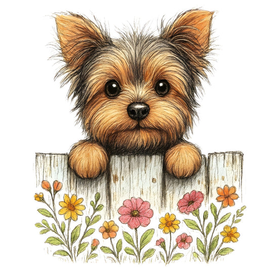 puppy, dog, yorkie, terrier, small dog, tan, cream, golden brown, black, sage green, dusty rose, pink, yellow, orange, floral, flowers, daisies, garden, nature, animals, whimsical, cute, charming, sweet, farmhouse, cottage, spring, summer, wooden fence, pet themed
