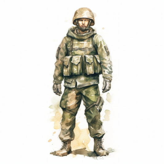 military, soldier, camouflage, desert tan, khaki, olive green, sage green, beige, tan, brown, watercolor, portrait, patriotic, armed forces, uniform, combat, tactical gear, men's theme, historical, vintage military, americana, realistic illustration, heroic, brave, courage, strength, tribute, memorial, military service, war history