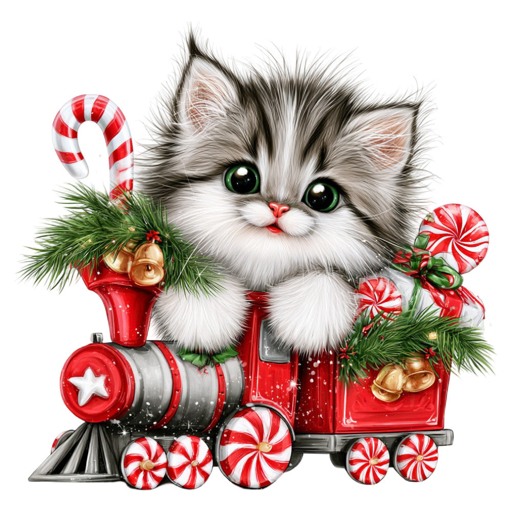 cute kitten, fluffy cat, green eyes, white fur, gray tabby, holiday, christmas, festive, candy cane, peppermint, red and white striped, train, locomotive, golden bells, evergreen branches, whimsical, playful, winter, seasonal, children's, baby, adorable animals, festive theme, retro style, vintage inspired, red, white, gray, green, magical